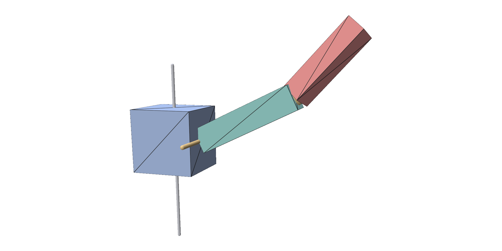 A block on a vertical rail, a hinged bar and a ball-jointed bar