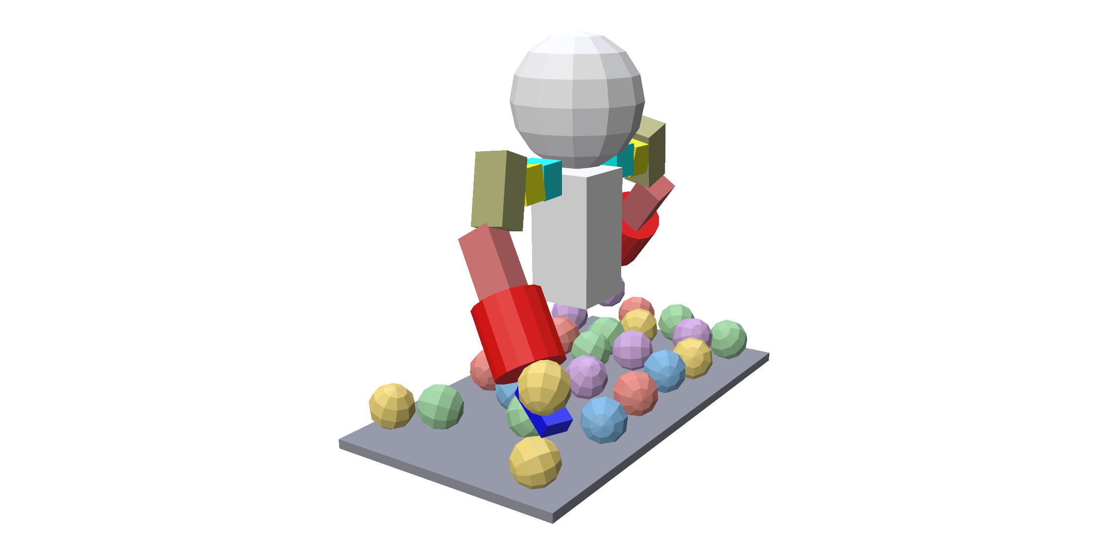 A two-armed robot loaded from a URDF, among dropped balls
