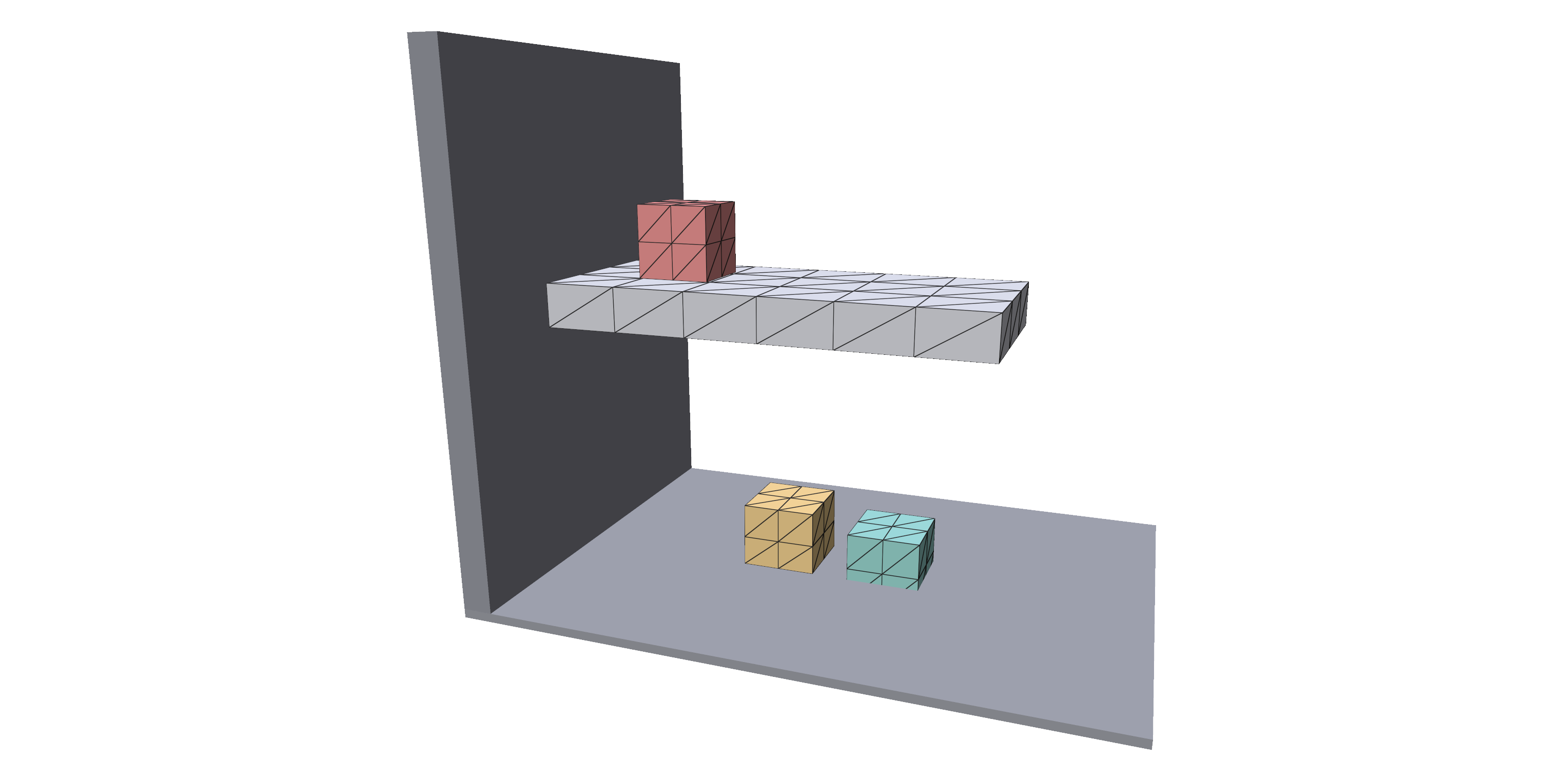 Three cubes and a shelf: one on the shelf, one on the floor, one sinking through the floor