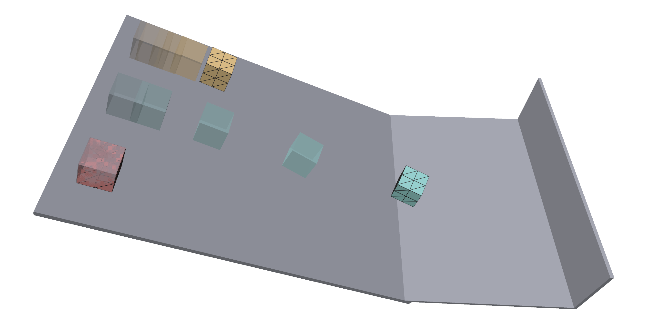 Three blocks on a ramp, drawn every quarter-second: one races down, one creeps, one stays