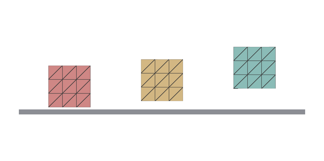Three cubes resting at different heights above a floor