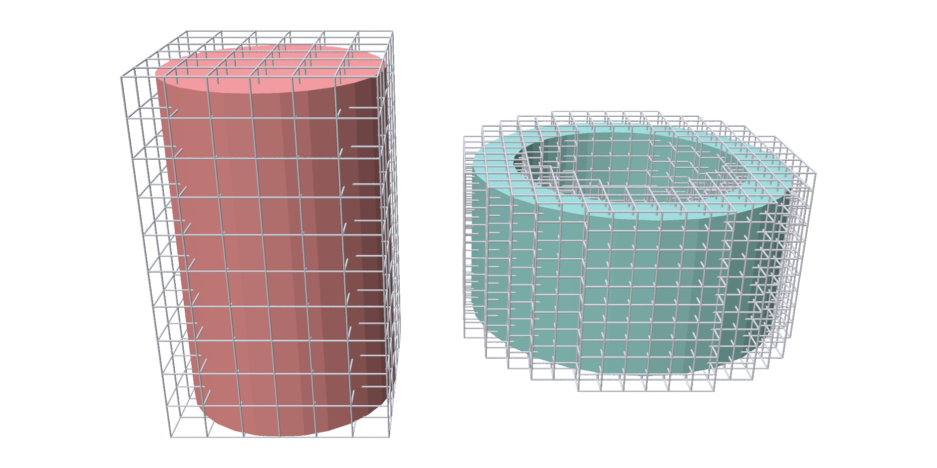 A cylinder and a tube inside their hex grids