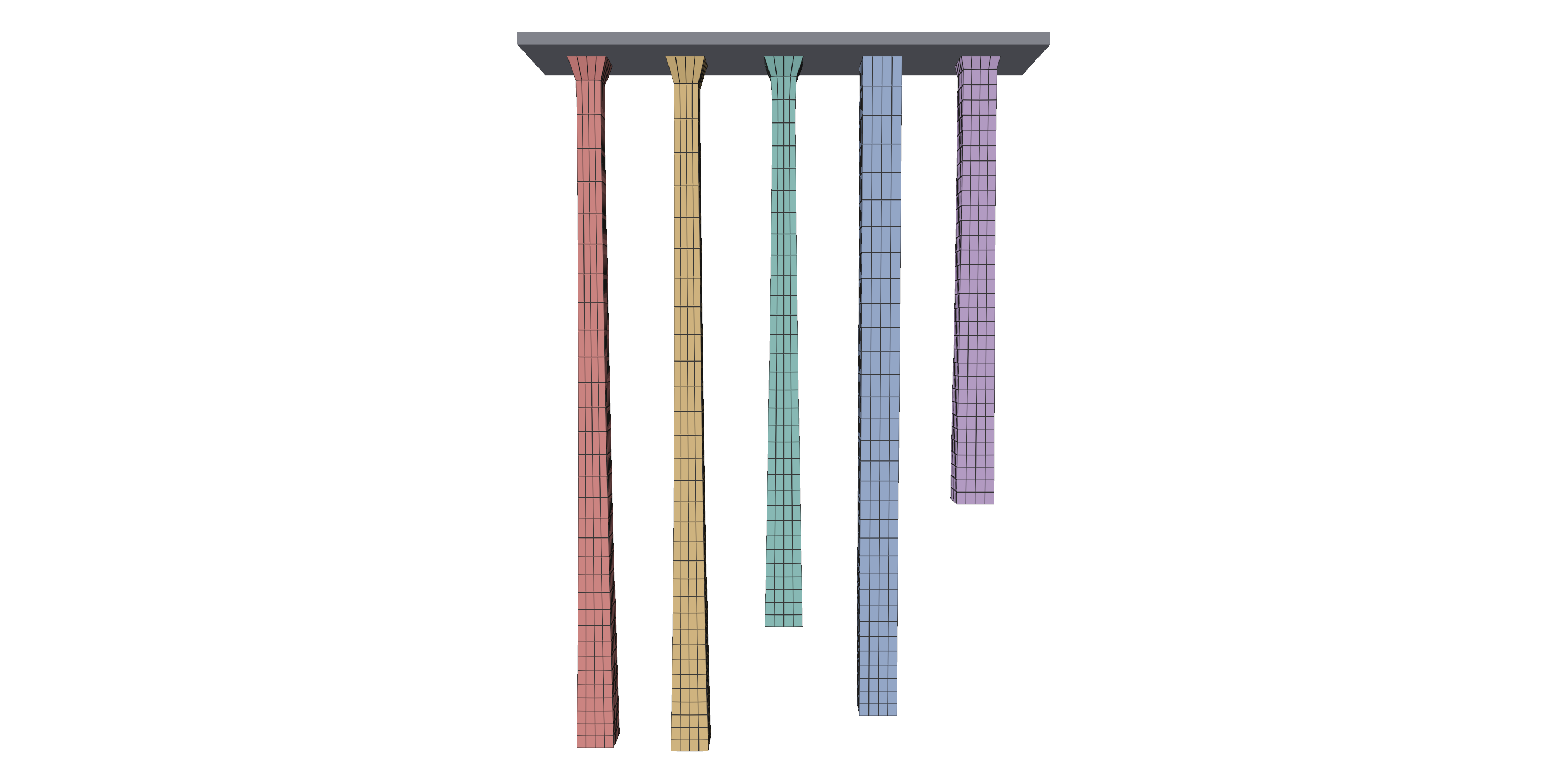 Five hanging columns, one per material