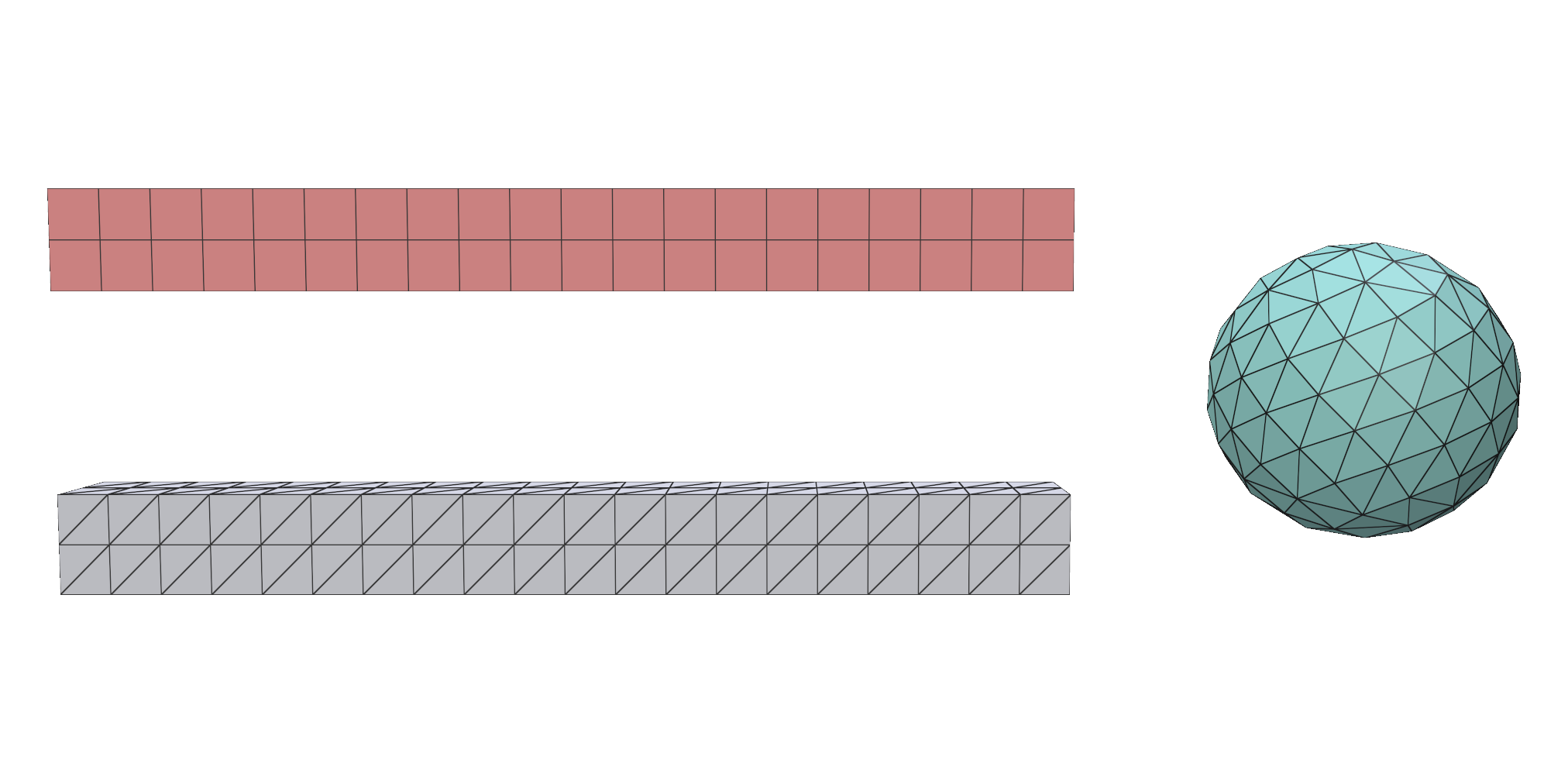 A hex beam, a tet beam and a tet ball loaded from a file