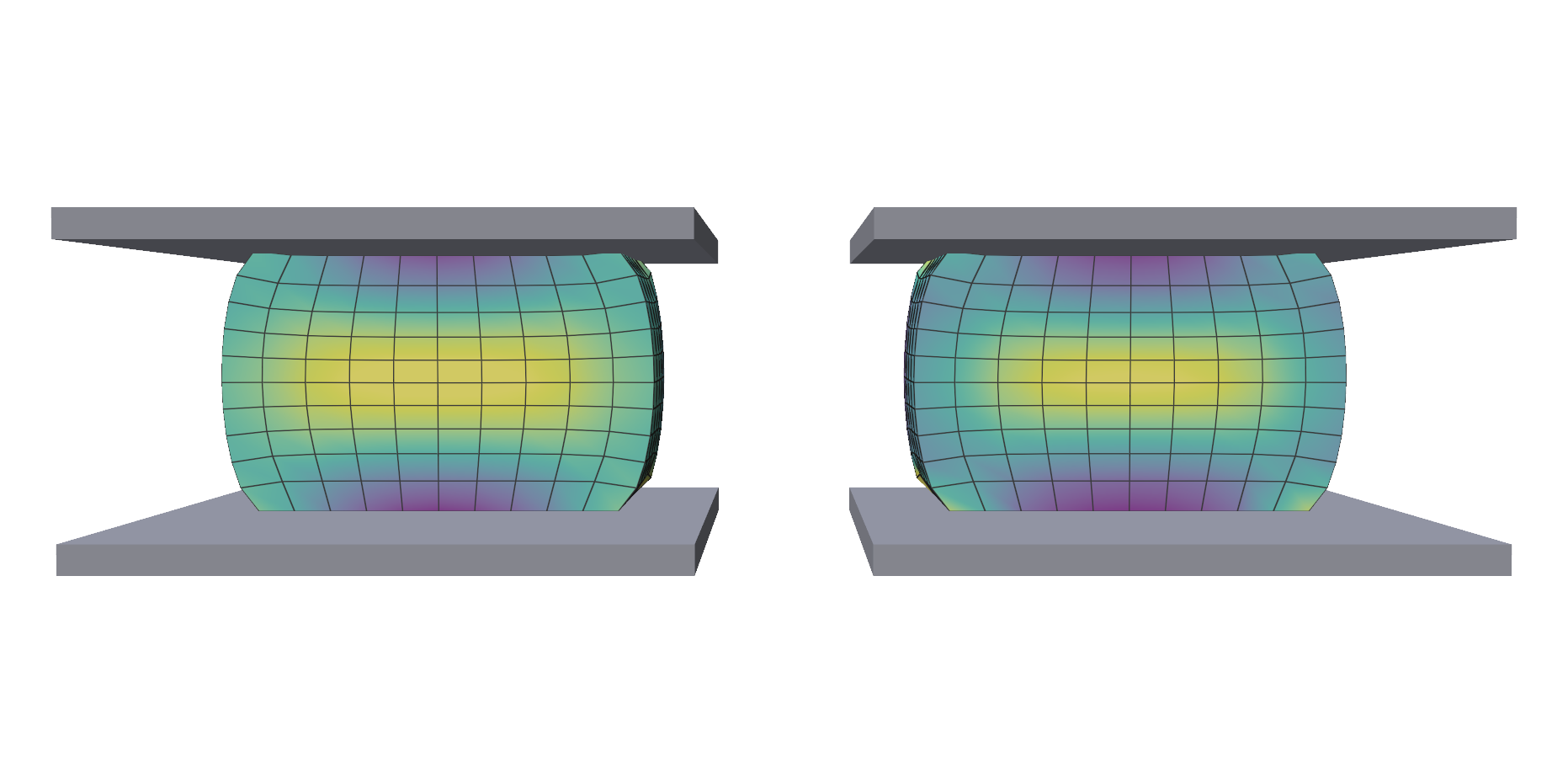 A squeezed block cut open, coloured by von Mises and by strain energy
