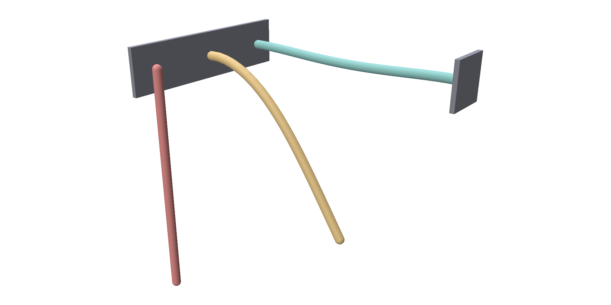 A hinged rod hanging down, a clamped rod drooping, and a rod clamped at both ends