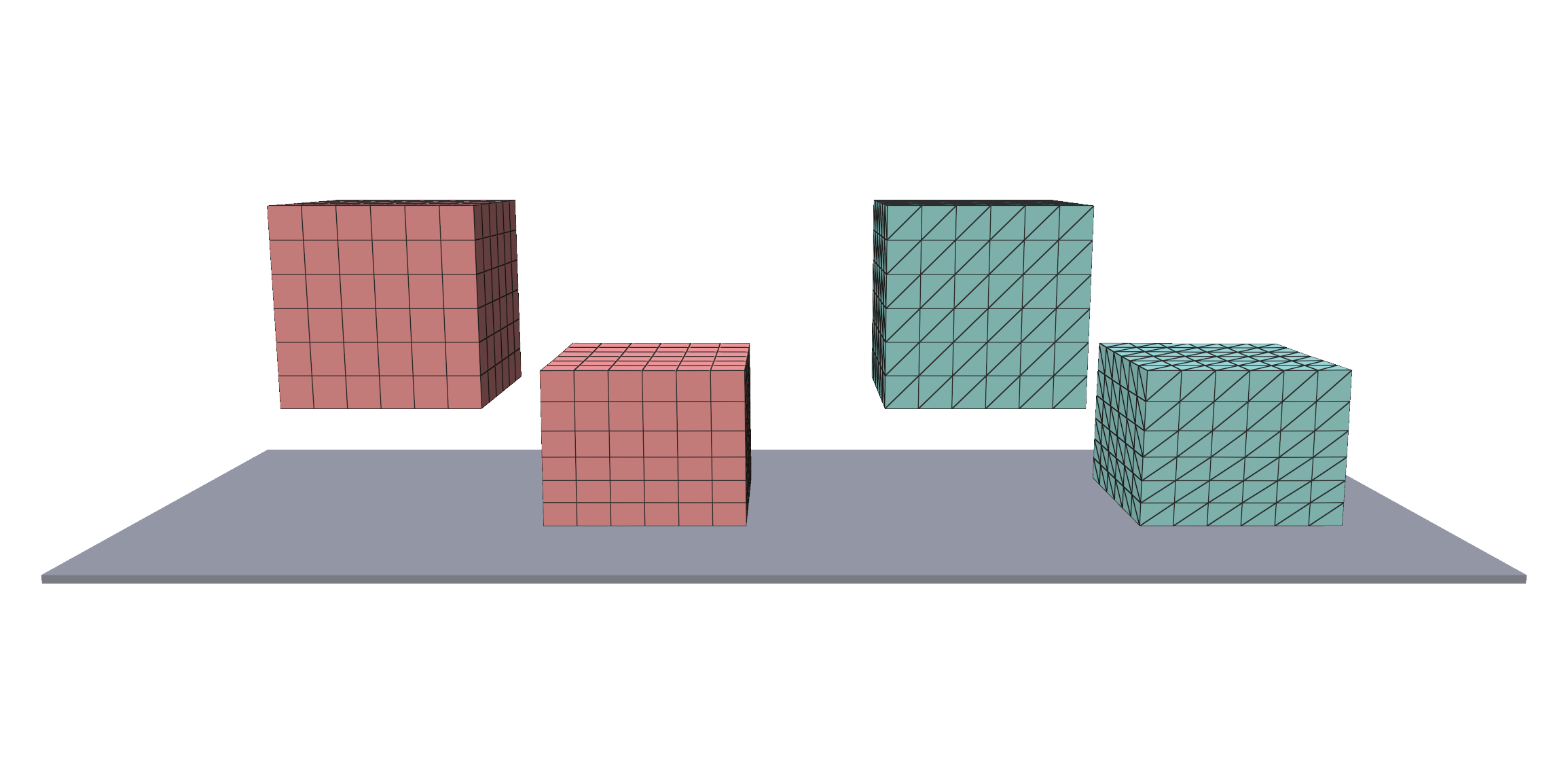 A hex block and a tet block, before the drop and squashed on landing