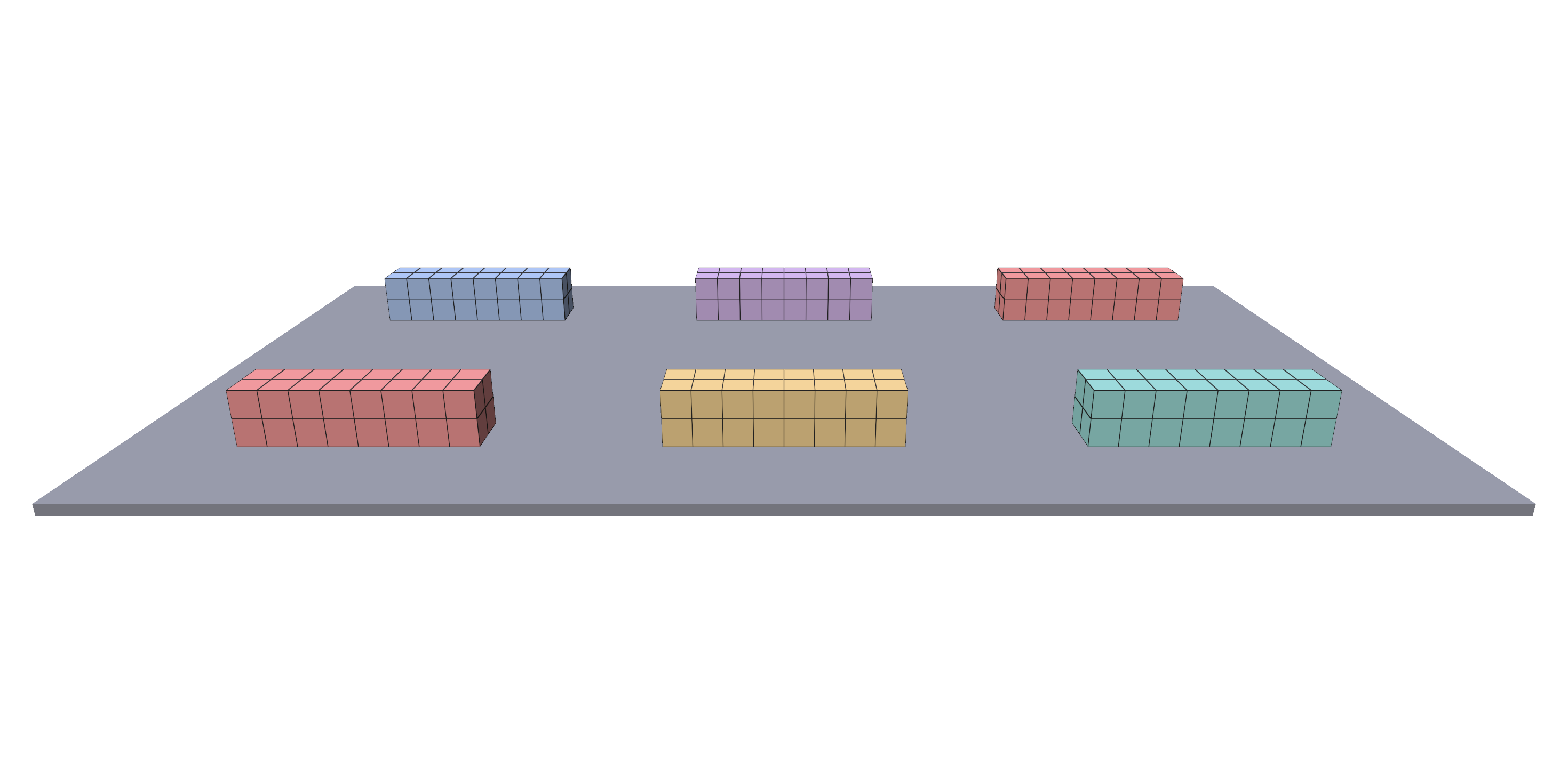 Six reduced beams on a floor, sharing one basis